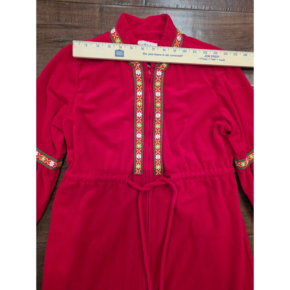 Vtg Rare Boho M Cottagecore Red fleece robe floral 70s ruffle hem loungeware - Picture 3 of 12
